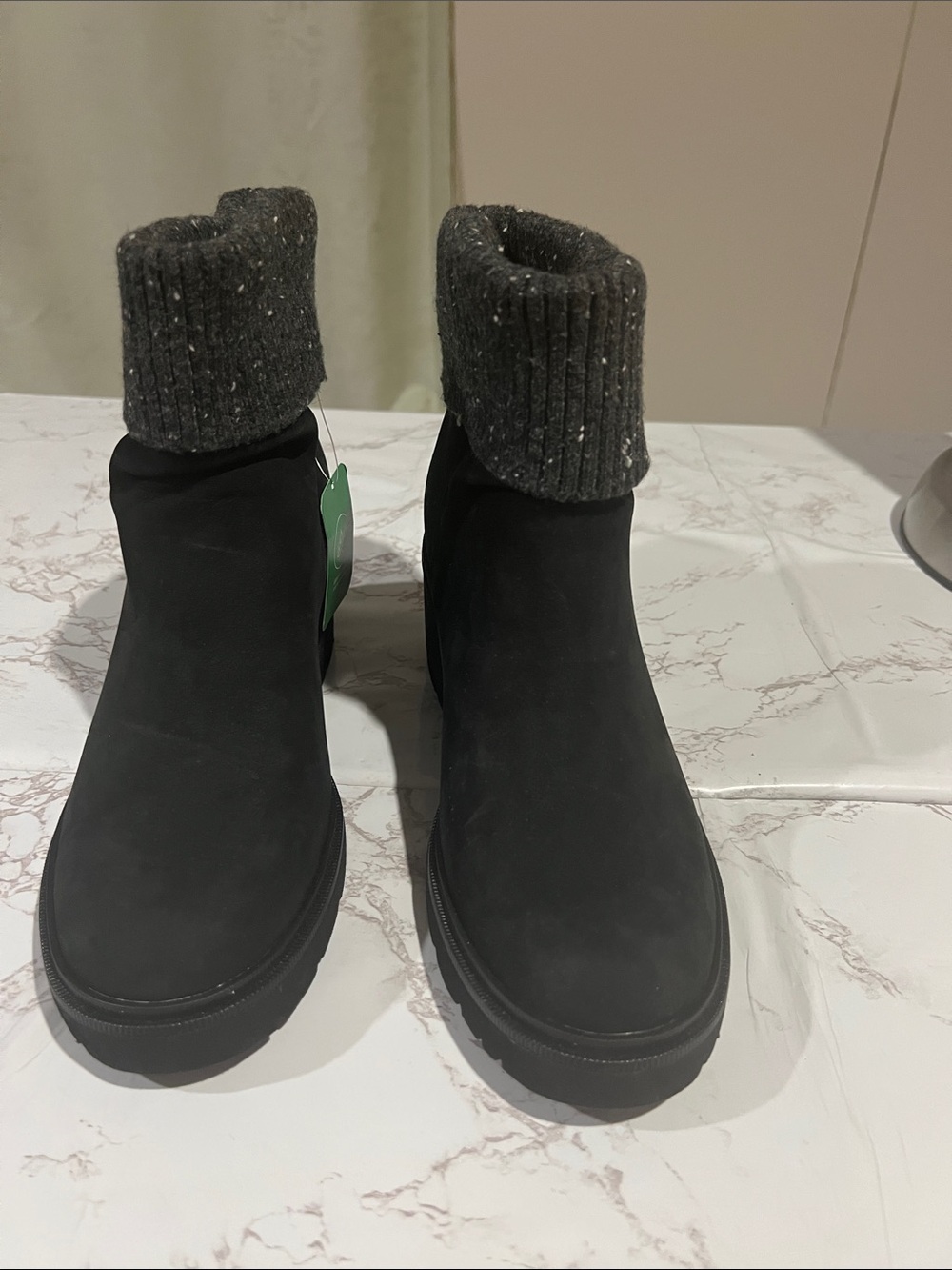 Earth Black Ankle Boots with Gray Knit Cuff